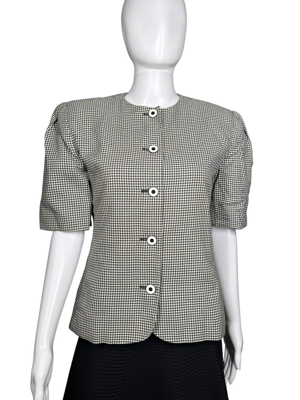 Carlisle Vintage 80S Black White Houndstooth Puff Sleeve Button Front Top Small